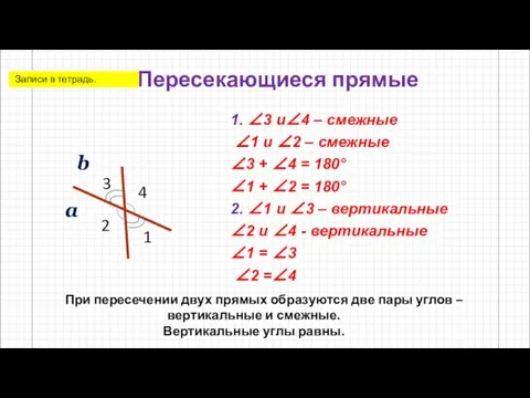 Пересекающиеся прямые 1. ∠3 и∠4 – смежные ∠1 и ∠2 – смежные