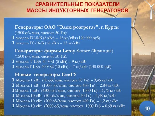 СРАВНИТЕЛЬНЫЕ ПОКАЗАТЕЛИ МАССЫ ИНДУКТОРНЫХ ГЕНЕРАТОРОВ Генераторы ОАО "Электроагрегат", г.Курск (1500 об/мин, частота