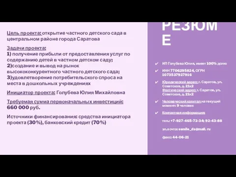 РЕЗЮМЕ Цель проекта: открытие частного детского сада в центральном районе города Саратова