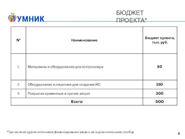 БЮДЖЕТ ПРОЕКТА* 6 *При наличии других источников финансирования указать их в дополнительном столбце