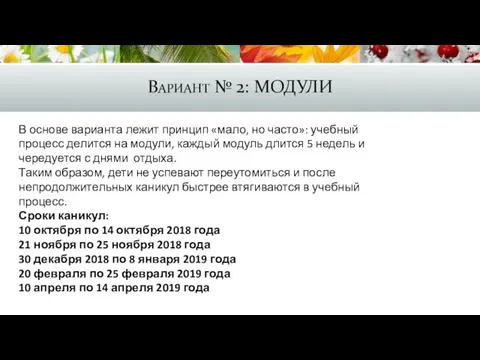 Вариант № 2: МОДУЛИ В основе варианта лежит принцип «мало, но часто»: