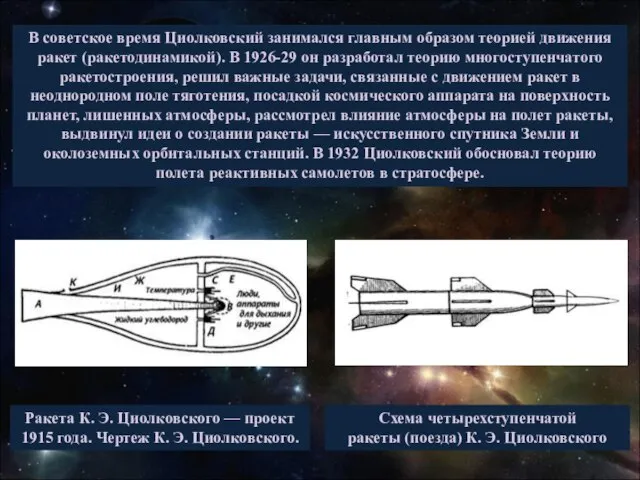В советское время Циолковский занимался главным образом теорией движения ракет (ракетодинамикой). В