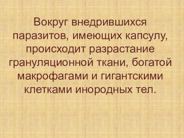 Вокруг внедрившихся паразитов, имеющих капсулу, происходит разрастание грануляционной ткани, богатой макрофагами и гигантскими клетками инородных тел.