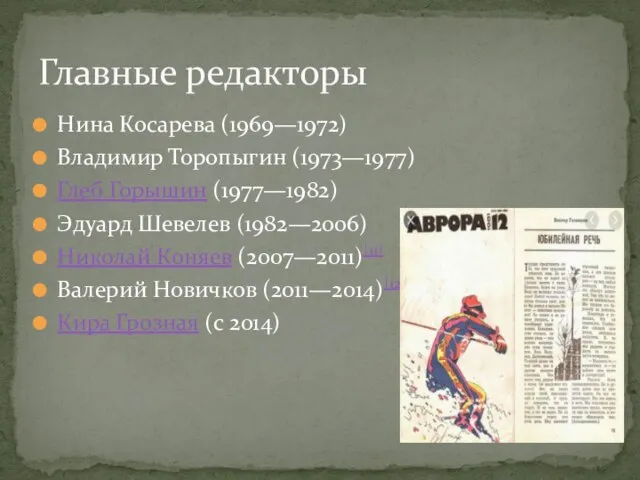 Нина Косарева (1969—1972) Владимир Торопыгин (1973—1977) Глеб Горышин (1977—1982) Эдуард Шевелев (1982—2006)