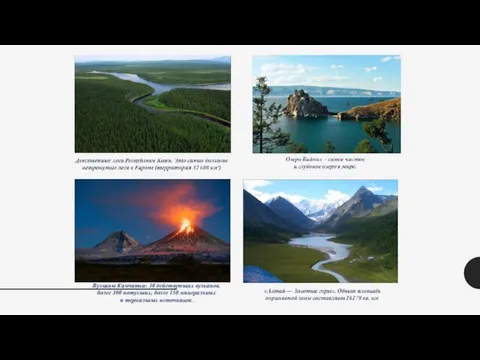 Вулканы Камчатки: 30 действующих вулканов, более 300 потухших, более 150 минеральных и термальных источников.