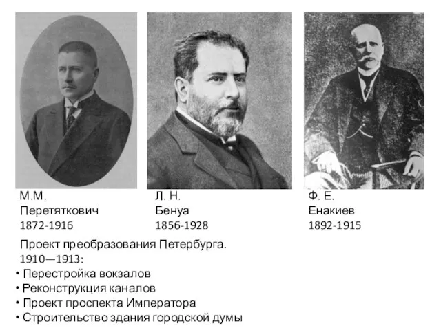 Л. Н. Бенуа 1856-1928 М.М. Перетяткович 1872-1916 Ф. Е. Енакиев 1892-1915 Проект
