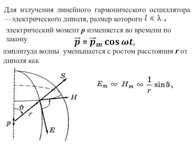 амплитуда волны уменьшается с ростом расстояния r от диполя как Для излучения