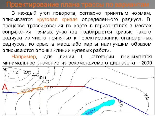 В каждый угол поворота, согласно принятым нормам, вписывается круговая кривая определенного радиуса.