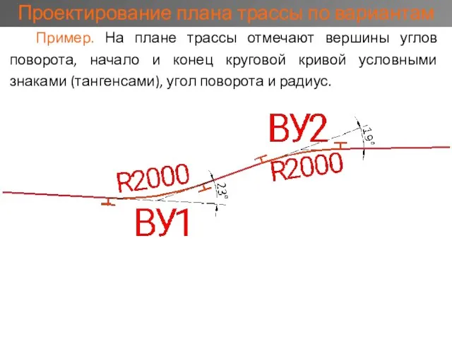 Пример. На плане трассы отмечают вершины углов поворота, начало и конец круговой