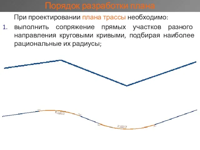 Порядок разработки плана При проектировании плана трассы необходимо: выполнить сопряжение прямых участков