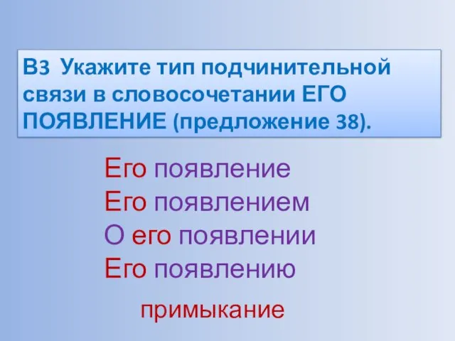 В3 Укажите тип подчинительной связи в словосочетании ЕГО ПОЯВЛЕНИЕ (предложение 38). Его