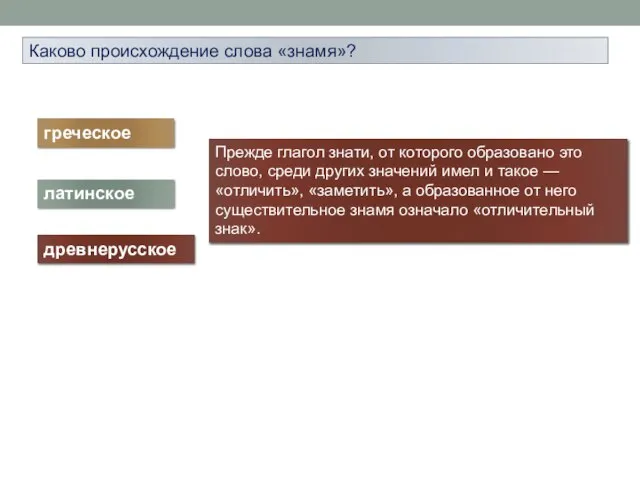 Каково происхождение слова «знамя»? греческое древнерусское латинское Прежде глагол знати, от которого