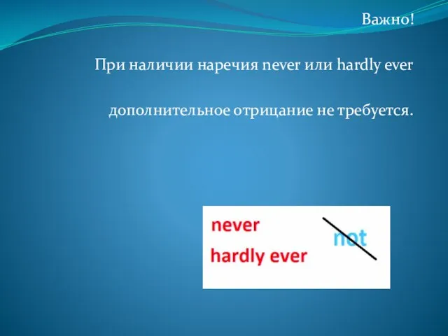 Важно! При наличии наречия never или hardly ever дополнительное отрицание не требуется.