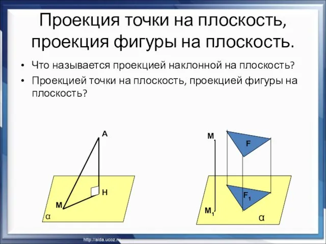 Проекция точки на плоскость, проекция фигуры на плоскость. Что называется проекцией наклонной