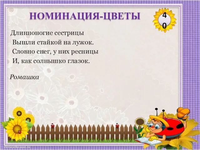 Ромашка Длинноногие сестрицы Вышли стайкой на лужок. Словно снег, у них ресницы