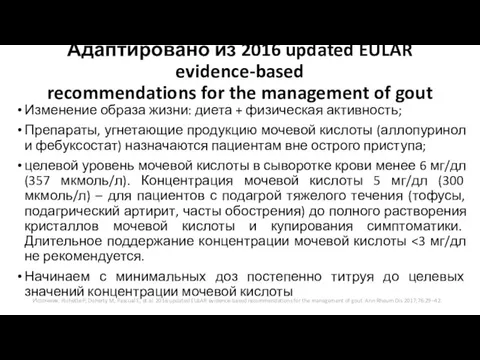 Адаптировано из 2016 updated EULAR evidence-based recommendations for the management of gout