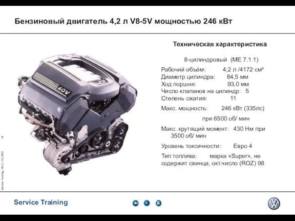 Service Training, VK-21, 05.2005 Бензиновый двигатель 4,2 л V8-5V мощностью 246 кВт