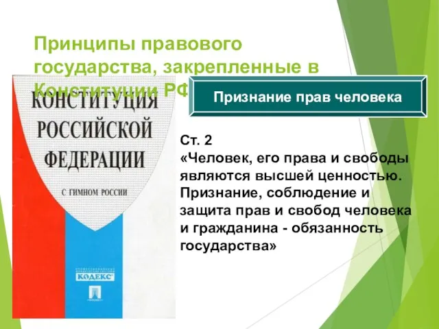 Принципы правового государства, закрепленные в Конституции РФ Признание прав человека Ст. 2