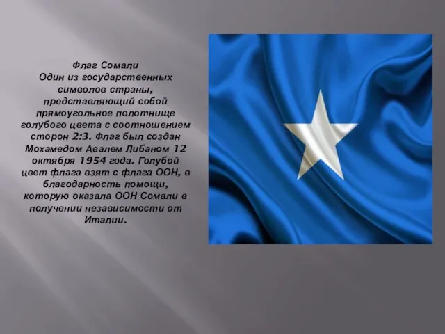 Флаг Сомали Один из государственных символов страны, представляющий собой прямоугольное полотнище голубого