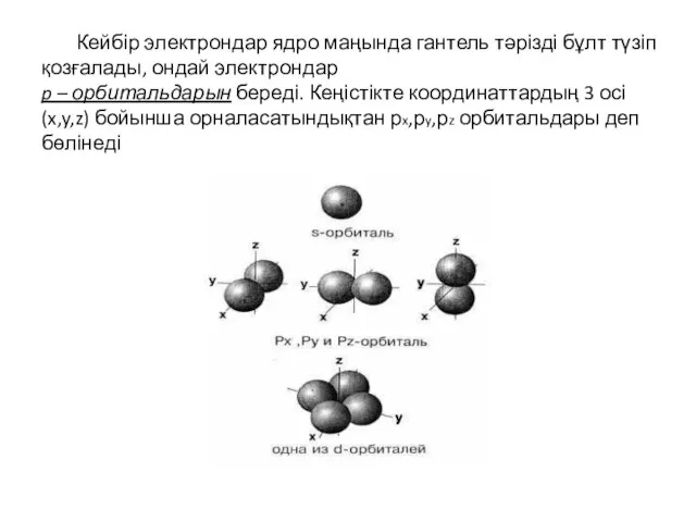 Кейбір электрондар ядро маңында гантель тәрізді бұлт түзіп қозғалады, ондай электрондар p