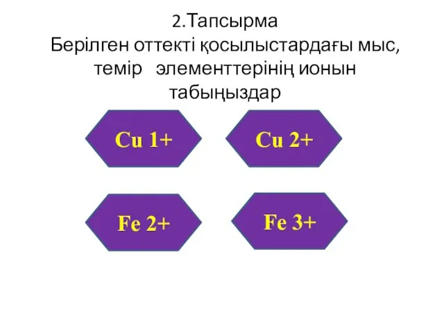 2.Тапсырма Берілген оттекті қосылыстардағы мыс, темір элементтерінің ионын табыңыздар Сu2O СuO FeO