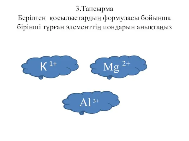 3.Тапсырма Берілген қосылыстардың формуласы бойынша бірінші тұрған элементтің иондарын анықтаңыз КСІ MgСІ2