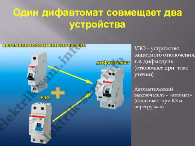 Один дифавтомат совмещает два устройства УЗО – устройство защитного отключения, т.е. дифмодуль