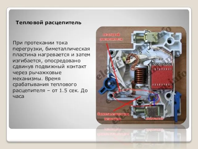 Тепловой расцепитель При протекании тока перегрузки, биметаллическая пластина нагревается и затем изгибается,