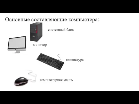 Основные составляющие компьютера: системный блок монитор клавиатура компьютерная мышь