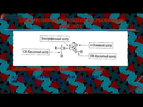 ЭЛЕКТРОННОЕ СТРОЕНИЕ КАРБОНОВЫХ КИСЛОТ ЭЛЕКТРОННЫЕ ЭФФЕКТЫ РАДИКАЛОВ (Э.Д. – Э.А): Н3С–СООН рКа 4,75 3,75 2,80 0,70