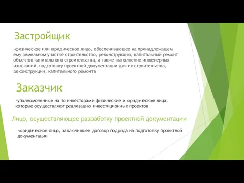 Застройщик -физическое или юридическое лицо, обеспечивающее на принадлежащем ему земельном участке строительство,