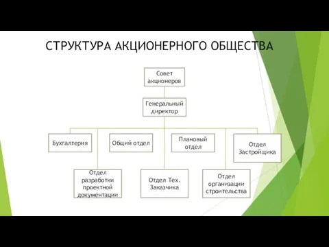 Совет акционеров Генеральный директор Бухгалтерия Общий отдел Плановый отдел Отдел разработки проектной