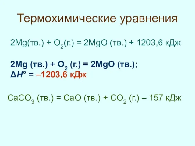 Термохимические уравнения 2Mg(тв.) + O2(г.) = 2MgO (тв.) + 1203,6 кДж 2Mg