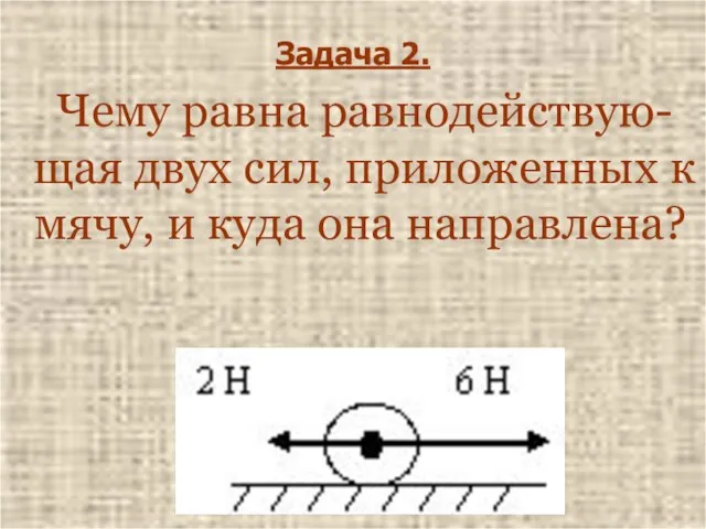 Задача 2. Чему равна равнодействую-щая двух сил, приложенных к мячу, и куда она направлена?