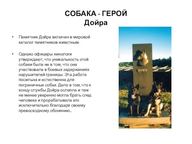 СОБАКА - ГЕРОЙ Дойра Памятник Дойре включен в мировой каталог памятников животным.