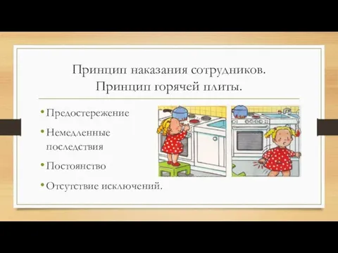 Принцип наказания сотрудников. Принцип горячей плиты. Предостережение Немедленные последствия Постоянство Отсутствие исключений.