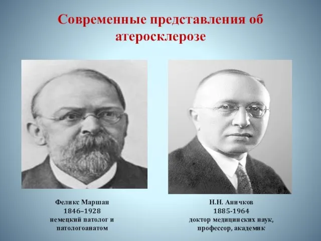 Современные представления об атеросклерозе Феликс Маршан 1846–1928 немецкий патолог и патологоанатом Н.Н.