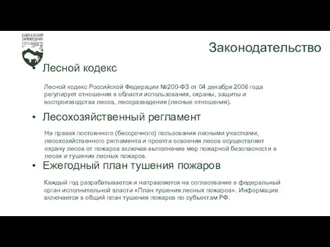 Законодательство Лесной кодекс Лесохозяйственный регламент Ежегодный план тушения пожаров Лесной кодекс Российской