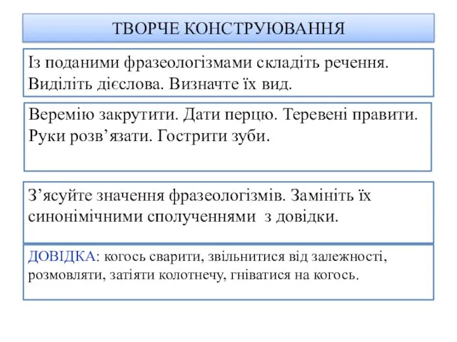 ТВОРЧЕ КОНСТРУЮВАННЯ Веремію закрутити. Дати перцю. Теревені правити. Руки розв’язати. Гострити зуби.