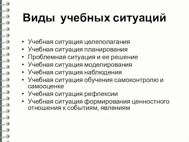 Виды учебных ситуаций Учебная ситуация целеполагания Учебная ситуация планирования Проблемная ситуация и