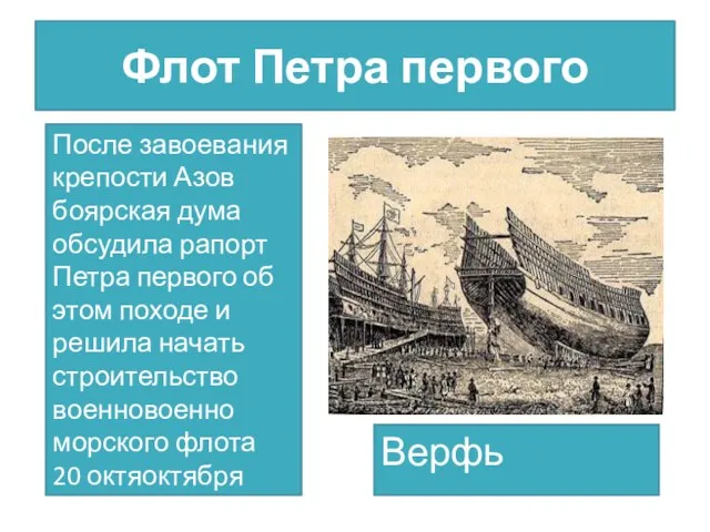 Флот Петра первого После завоевания крепости Азов боярская дума обсудила рапорт Петра