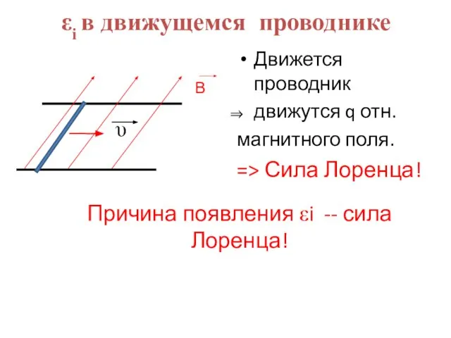 εi в движущемся проводнике Движется проводник движутся q отн. магнитного поля. =>