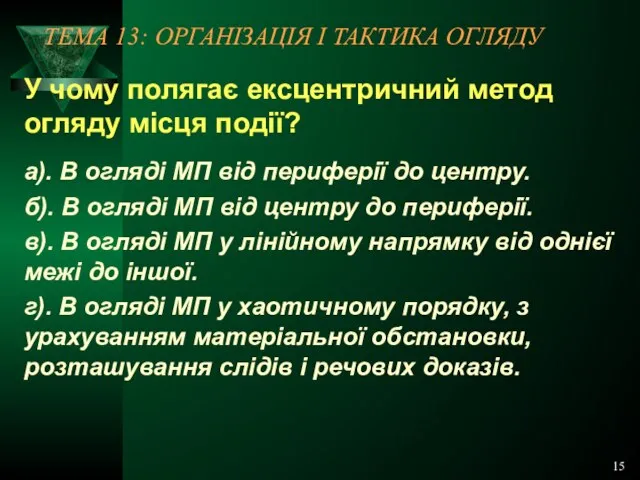 15 ТЕМА 13: ОРГАНІЗАЦІЯ І ТАКТИКА ОГЛЯДУ У чому полягає ексцентричний метод