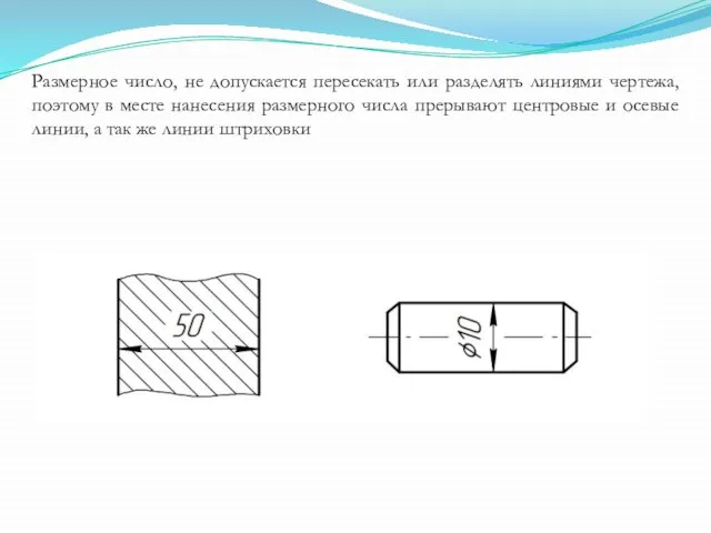 Размерное число, не допускается пересекать или разделять линиями чертежа, поэтому в месте