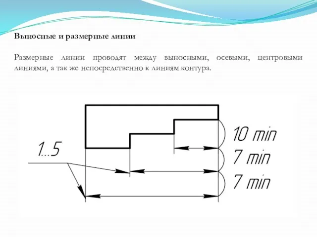 Выносные и размерные линии Размерные линии проводят между выносными, осевыми, центровыми линиями,