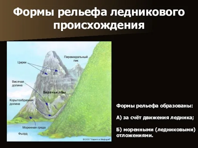 Формы рельефа ледникового происхождения Бараньи лбы Формы рельефа образованы: А) за счёт