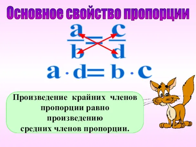 Основное свойство пропорции Произведение крайних членов пропорции равно произведению средних членов пропорции.