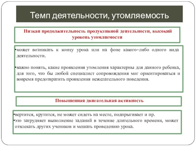 Темп деятельности, утомляемость может возникать к концу урока или на фоне какого-либо