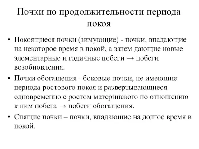 Почки по продолжительности периода покоя Покоящиеся почки (зимующие) - почки, впадающие на