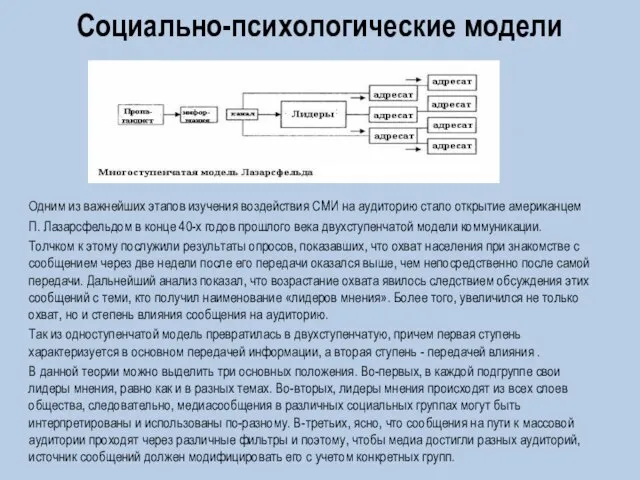 Социально-психологические модели Одним из важнейших этапов изучения воздействия СМИ на аудиторию стало